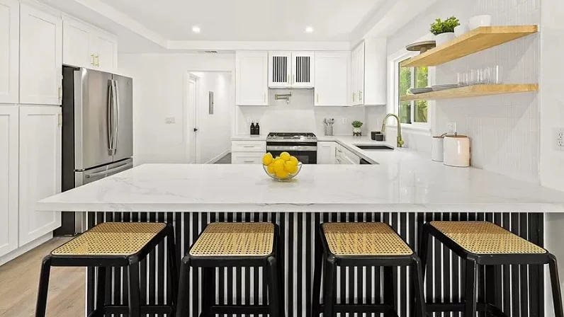 Kitchen island with four bar stools