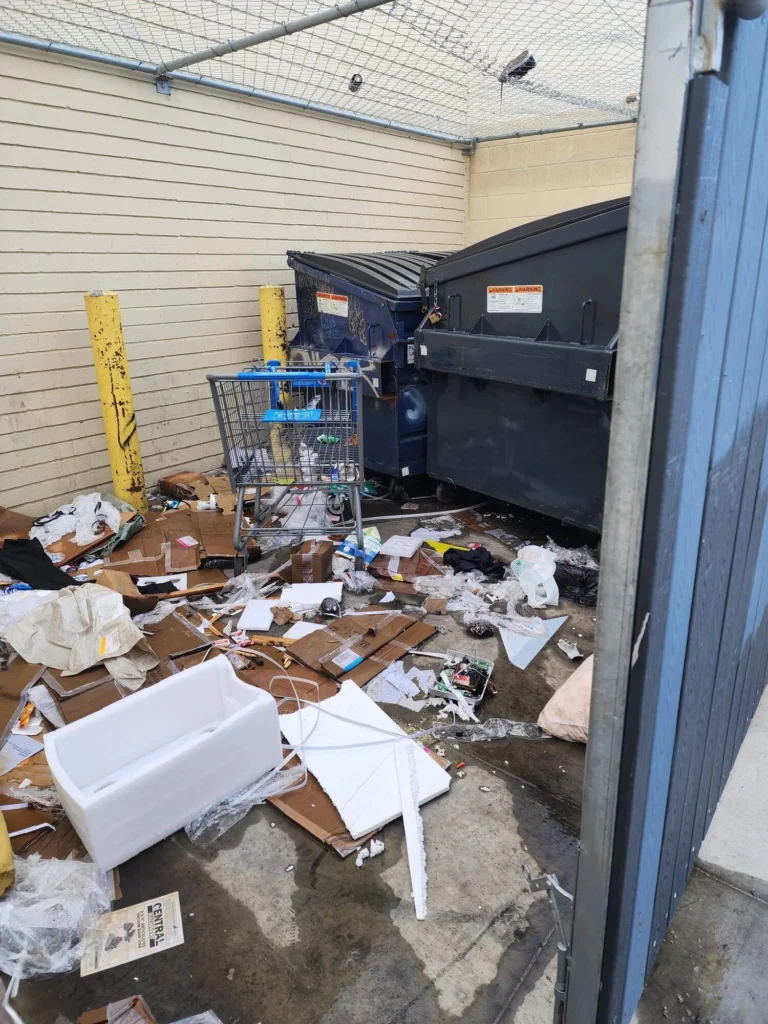 Trash scattered beside dumpsters