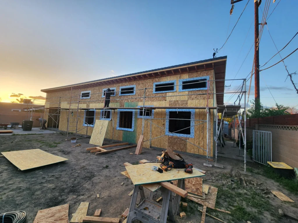 Wood-framed building under construction