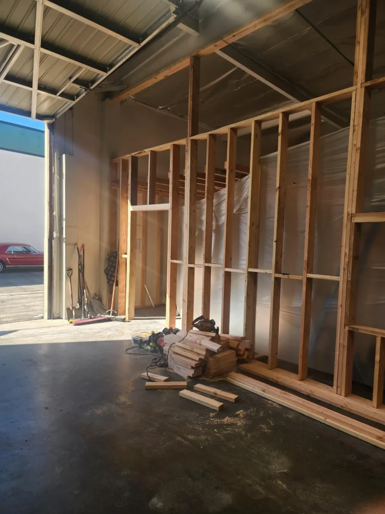 Exposed wall and ceiling framing